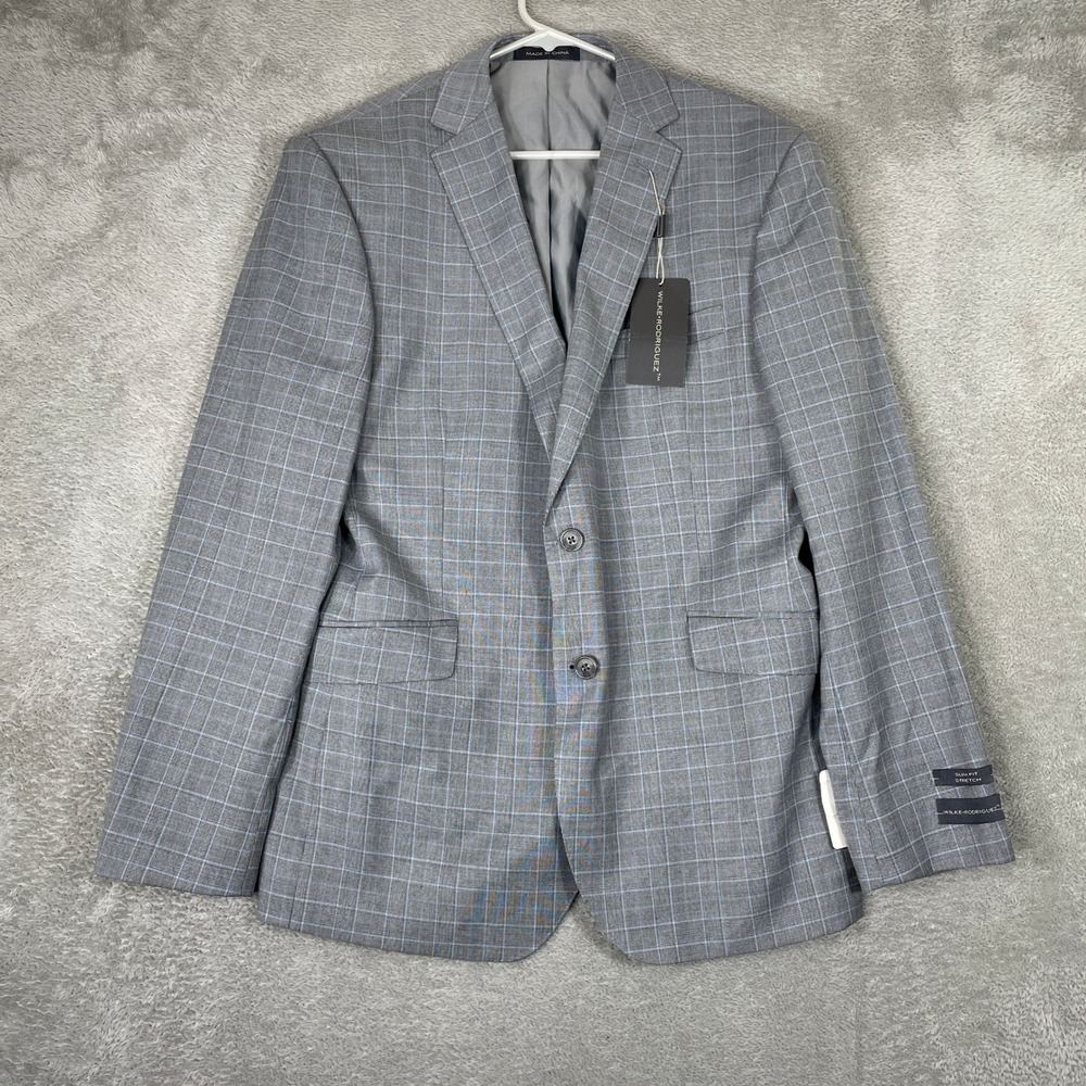 Wilke Rodriguez Suit Jacket Mens 44R Gray Plaid Slim Fit Stretch Notch Lapel
